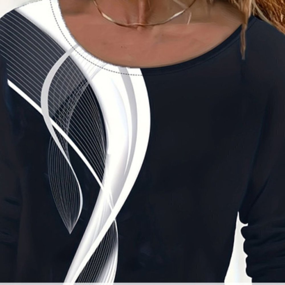 Geo Print Casual Crew Neck Long Sleeve T-shirt in Black and White Sizes M-L-XL-X